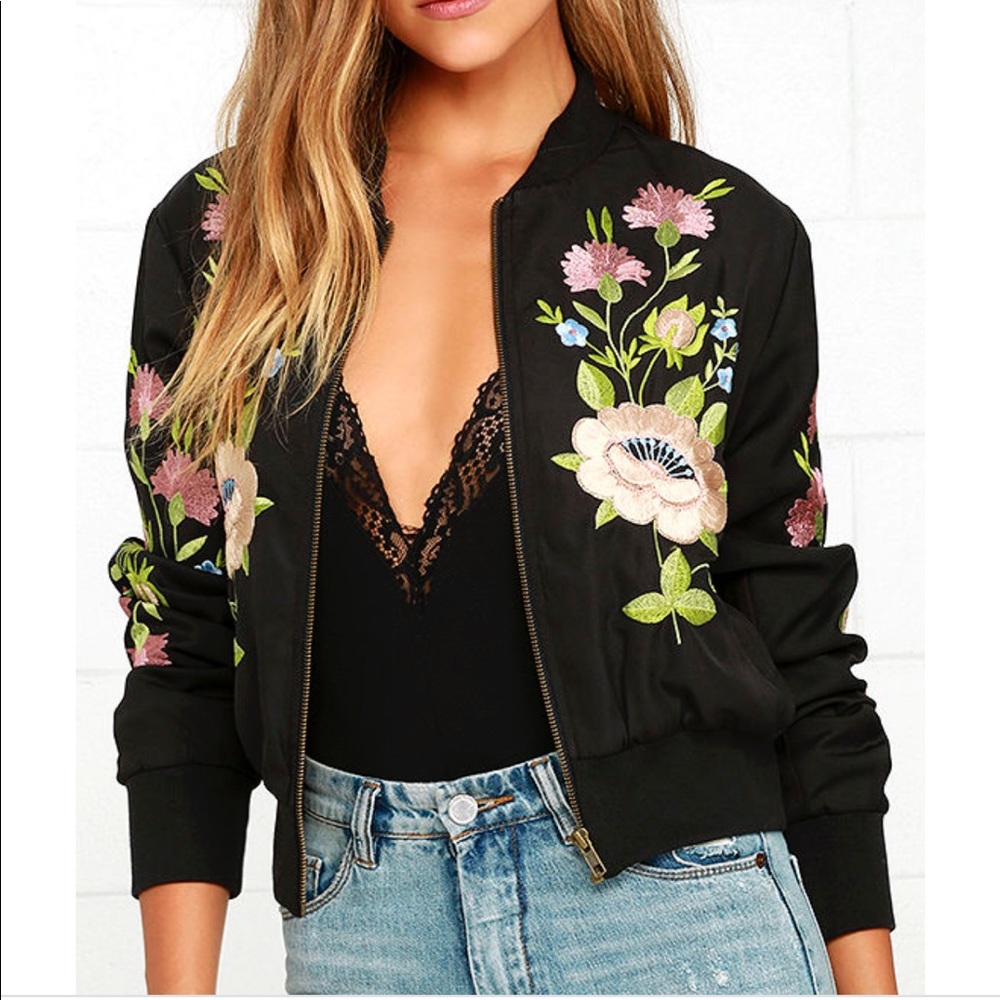 Embroidered Floral Bomber Jacket - Black